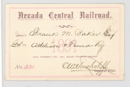 1891 Nevada Central Railroad Pass