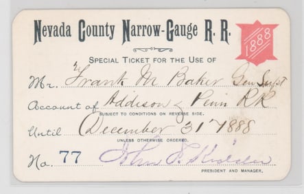RARE Nevada County Narrow-Gauge RR Pass