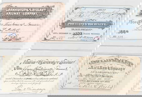 1879-1889 American Railroad Passes (4): [Portland & Rochester, Bennongton & Rutland, Utica and Black River] 1879-1889 American Railroad Passes (4). They measure 2.375 x 3.625 inches to 2.5 x 4 inches. Mixed condition. Verso have small areas