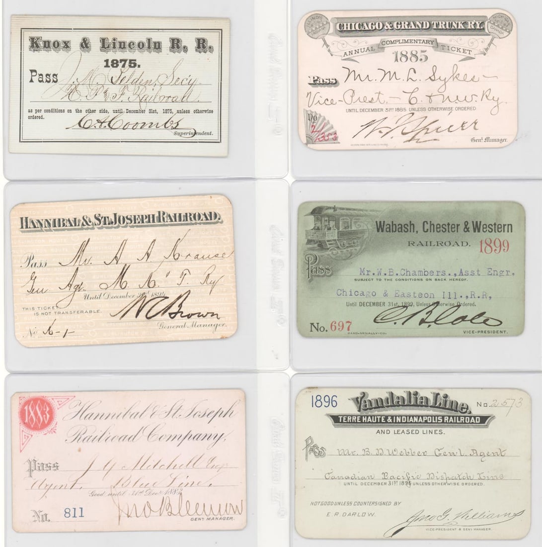 1875-1899 American Railroad Passes (6): 1875-1899 American Railroad Passes (6) . They measure approximately 2.375 x 3.625 inches to 2.5 x 4 inches. Mixed condition. Verso of all six show evidence of scrapbook album page removal. No creases.