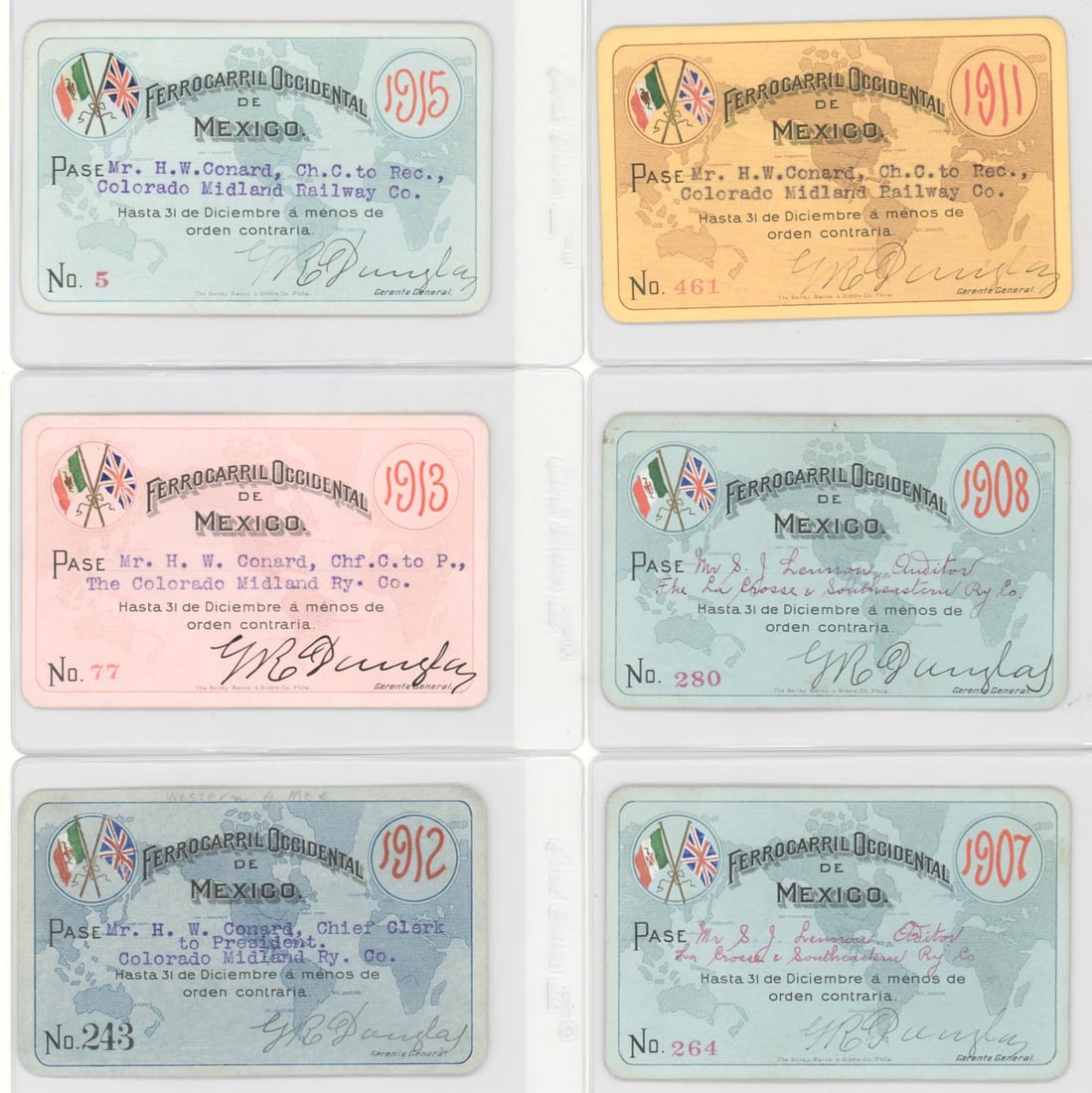 (6) Antique Mexico Railroad Passes: (6) Antique Mexico Railroad Passes. Mixed condition. Provenance: Pennsylvania Private Collection. The absence of a condition report does not imply that the lot is in perfect condition or completely fr