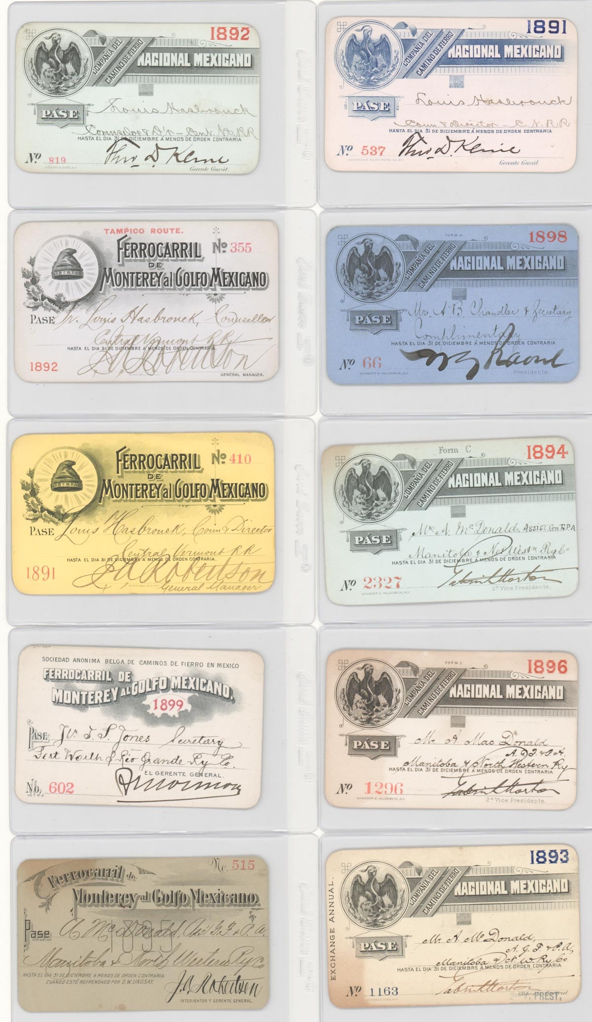 (10) Antique Mexico Railroad Passes: (10) Antique Mexico Railroad Passes. Mixed condition. Provenance: Pennsylvania Private Collection. The absence of a condition report does not imply that the lot is in perfect condition or completely f