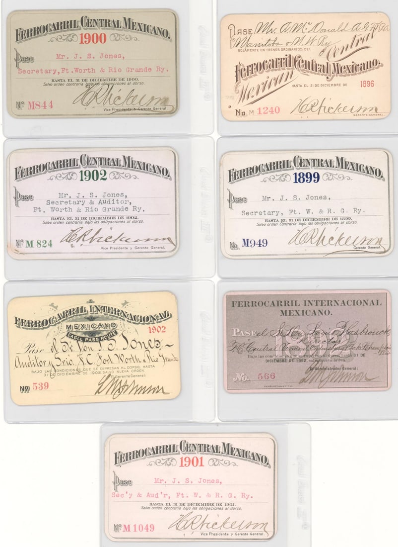(7) Antique Mexico Railroad Passes: (7) Antique Mexico Railroad Passes. Mixed condition. Provenance: Pennsylvania Private Collection. The absence of a condition report does not imply that the lot is in perfect condition or completely fr