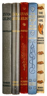 Henry W Longfellow / Howard C Christy (5) Books: Four (4) Henry Wadsworth Longfellow books illustrated by Howard Chandler Christy include: 1) Three (3) 1905 editions of Evangeline. Bobbs-Merrill Publishers. 2) The Courtship of Miles Standish. 1903.