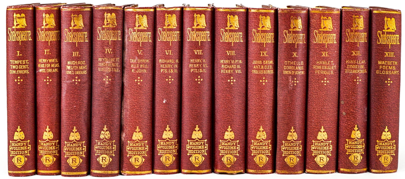 Shakespeare Antique Handy 13 V Set [Routledge]: Complete Antique 13 Volume Small Set Handy Volume SHAKESPEARE George Routledge & Sons. Circa 1890. Very Good + condition. Maroon covers with gilt lettering and design on spines. Set measures 4.75 in. 