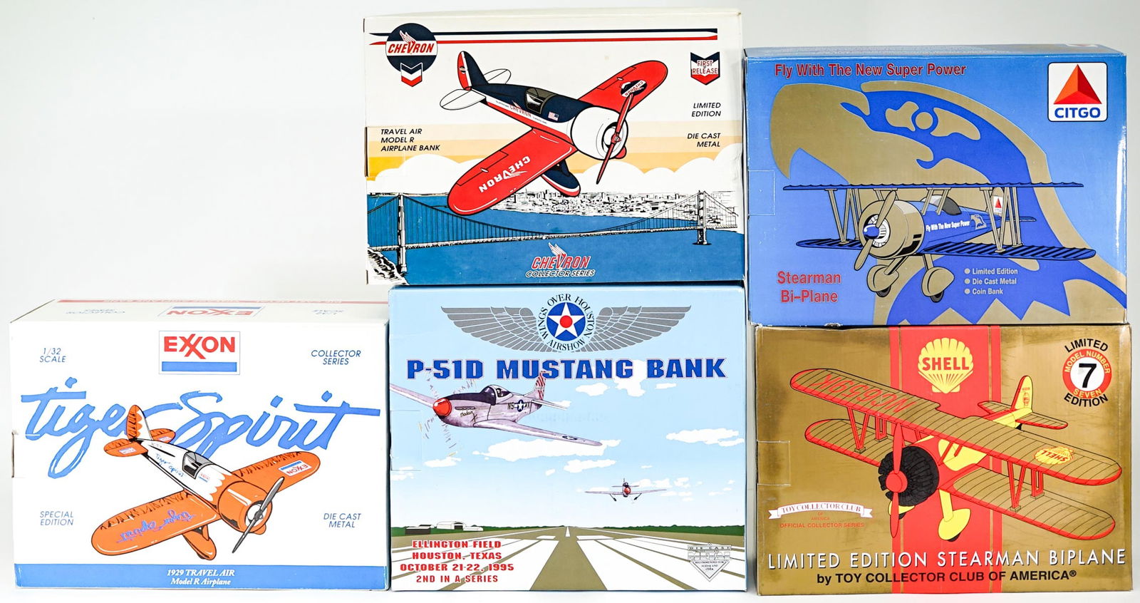 Spec Cast Model Airplane Coin Banks MIB: Five (5) SPEC CAST model airplane die cast coin banks. Include: p-51D Mustang 47010; Shell 37545; Citgo 37502; Chevron 40010; Exxon Tiger Spirit 40014. All MIB. Lot measures 16 in. H x 13 in. W x 12 i