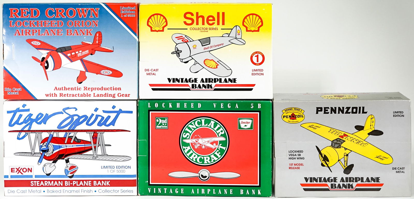 Spec Cast Model Airplane Coin Banks MIB: Five (5) SPEC CAST model airplane die cast coin banks. Include: Shell 0856; Exxon Tiger Spirit; Sinclair 35055; Red Crown 42504; Pennzoil 35014. All MIB. Lot measures 16 in. H x 13 in. W x 12 in. D fo