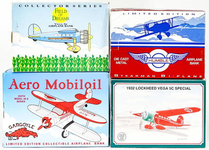 Spec Cast / Liberty Model Airplane Banks MIB: Four (4) model airplane die cast coin banks. Includes: Humble Stearman #37509; Aero Mobiloil Gargoyle #48017; Field of Dreams Vega 5B #35033; 1932 Lockheed Vega 5C #35030. All MIB. Lot measures 17 in.