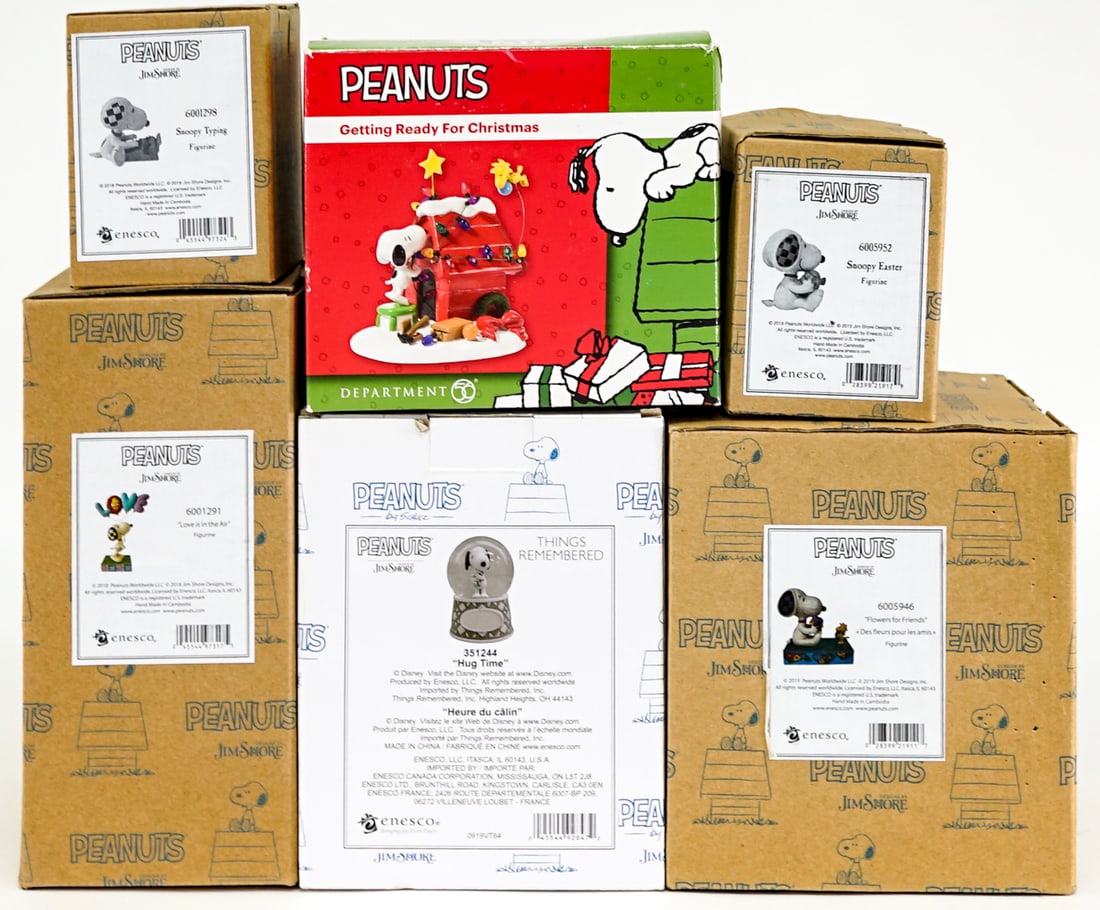 Peanuts, Jim Shore Collectibles (6 pcs): Peanuts, Jim Shore Collectibles (6 pcs). Like-new in boxes. The absence of a condition report does not imply that the lot is in perfect condition or completely free from wear and tear, imperfections, 
