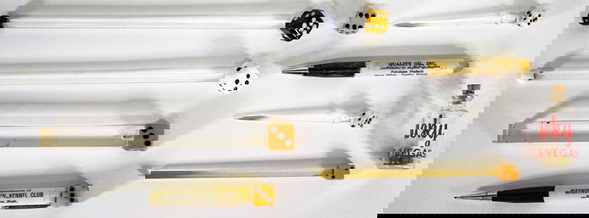 Dice Pens & Swizzel Sticks: Dice Pens & Swizzel Sticks. The dice are Bakelite, glass and other bakelite-style material. They measure 2 to 8 inches. Combined they measure 11 x 2 x 1 inches. Due to the volume of this estate collec