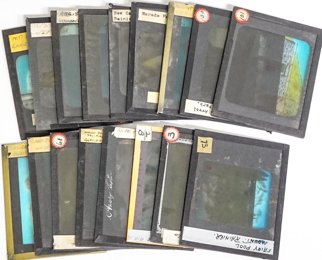 Lantern Glass Slides (19) Ranier Nat'l Park PNW: Nineteen (17) lantern glass slides. Ranier National Park. Pacific Northwest. Slides measure 4 in. x 3.25 in. Lot measures 4 in. H x 3.25 in. W x 2.25 in D. The absence of a condition report does not i