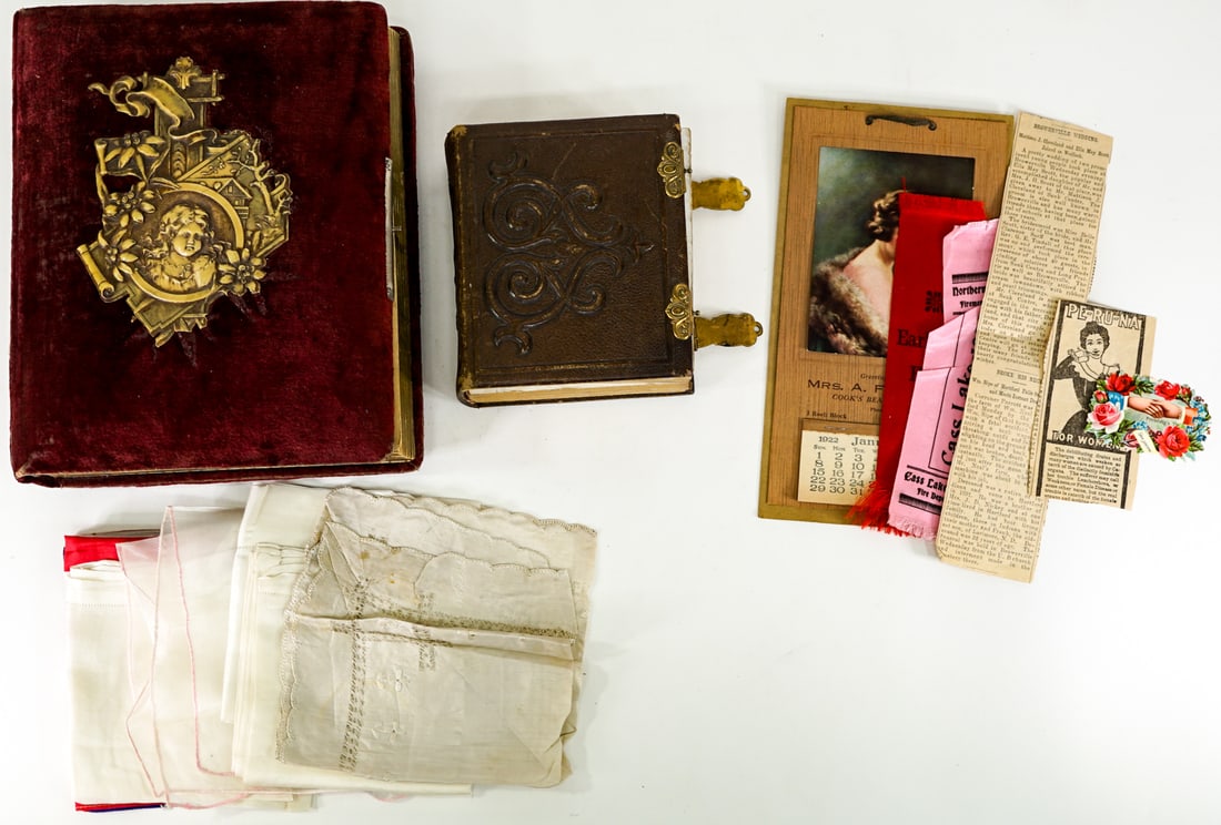 Antique Photos (75) Cabinet Cards, CDV's and More: Over seventy-five (75) photos in two (2) albums; vintage handkerchiefs; 1922 calendar and more. Collection measures 11 in. H x 8.5 in. W x 7 in. D for shipping purposes only. The absence of a conditio