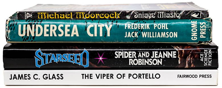 Science Fiction (4) Books [SIGNED]: Four (4) Science Fiction books. Include: 1) SOFTCOVER The Viper of Portello by James C. Glass. Signed and inscribed on title page. 2008 Fairwood Press. 2) Undersea City by Frederik Pohl and Jack Willi