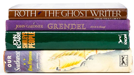 Assorted Topic (4) Vintage Books: Include: 1) The Ghost Writer by Philip Roth. 1979 Farrar, Straus, Giroux 1st 1st with unclipped dust jacket. 2) Grendel by John Gardner. 1971 Alfred A. Knopf first edition. No dust jacket. EX-LIBRARY.
