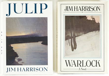 Jim Harrison (2) SIGNED Books [Julip, Warlock]: Two (2) Jim Harrison signed books with unclipped dust jackets. 1) Julip, 1994 Houghton Mifflin. 2) Warlock 1981 first printing Delacorte Press. Book lot measures 8.5 in. H x 5.75 in. W x 2.5 in. D for