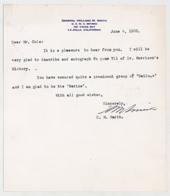 General Holland M. Smith USMC Letter SIGNED