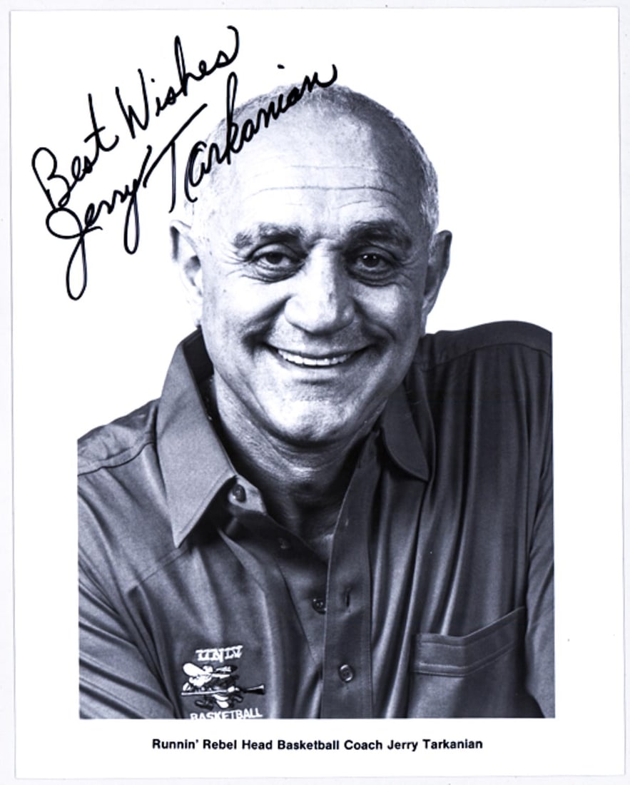 Jerry Tarkanian 8x10 Photo SIGNED BAS COA: Jerry Tarkanian 8x10 photo signed and inscribed. Beckett Authentication Services BAS COA #BS27474. Photo measures 10 H x 8 in. W for shipping purposes only. The absence of a condition report does not