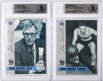 (2) John Wooden Signed Basketball Cards