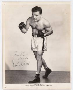 Jake La Motta (Boxing) 8x10 Photo SIGNED BAS COA: Jake La Motta 8x10 photo signed and inscribed. Beckett Authentication Services BAS COA #BR84935. Photo measures 10 H x 8 in. W for shipping purposes only. Provenance: Estate of Gordon Pouliot (1927-20