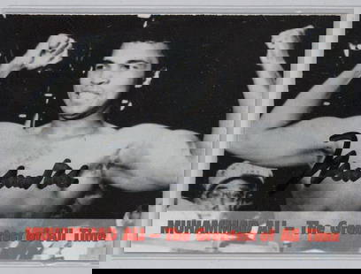 Muhammad Ali Trading Card SIGNED BAS LOA: Muhammad Ali - The Greatest of All Time trading card. Beckett Authentication Services BAS LOA #AE16797. Card with protector measures 5 H x 3.25 in. W for shipping purposes only. The absence of a condi