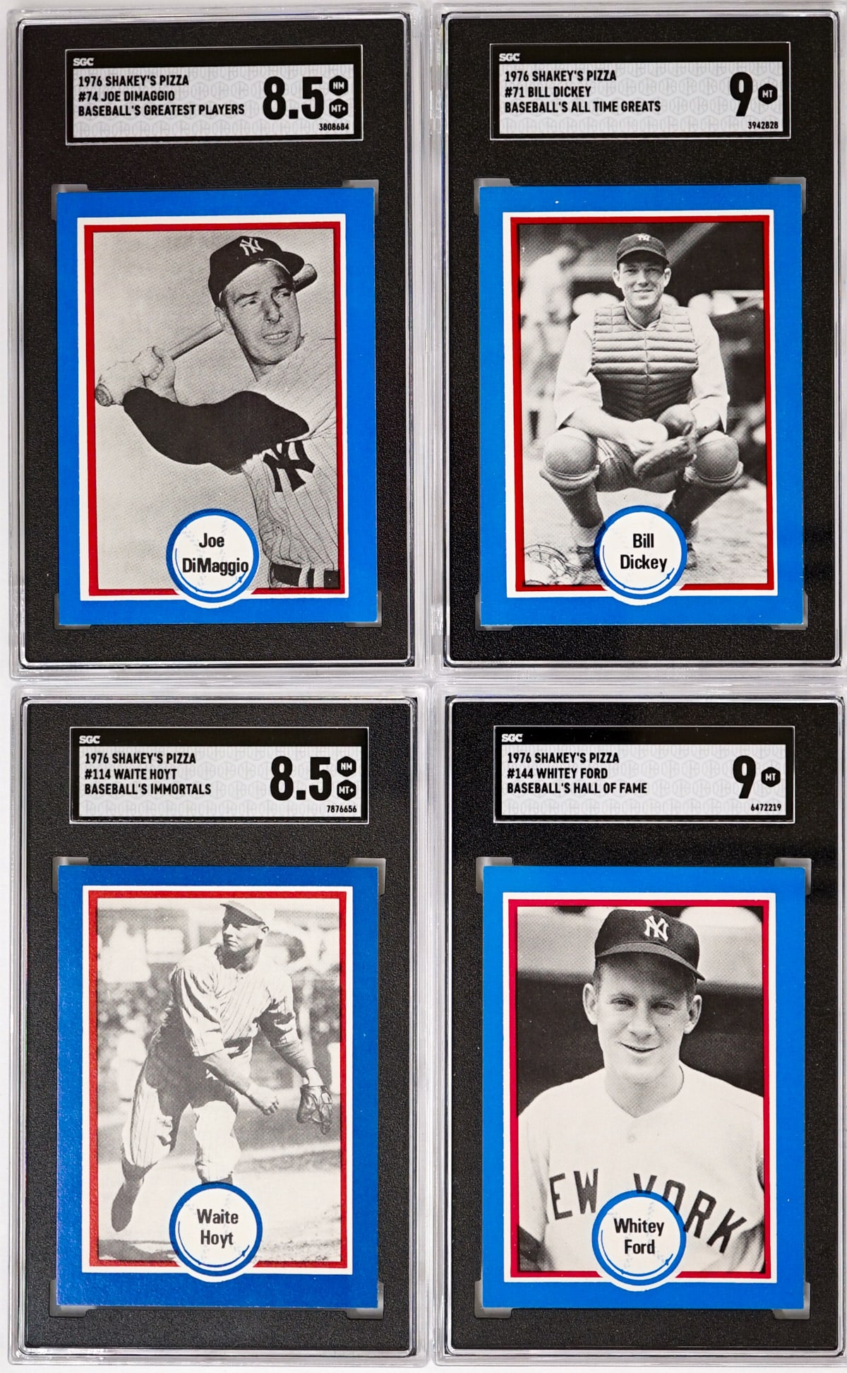 (4) 1976 Shakey's Pizza Cards [Set Break]: (4) 1976 Shakey's Pizza Cards [Set Break]. Joe DiMaggio 1976 Shakey's Pizza #74 SGC 8.5 (Population 2 with NONE higher), Bill Dickey #71 SGC 9 (Population 1 with NONE higher), Waite Hoyt #114 SGC 8.5 