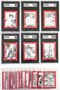1977 Shakey's Pizza Complete Set NM-MT/MT: The 1977 Shakey's Pizza baseball set, titled "All-Time Superstars," features a collection of 28 plus the Welcome to Wssca card (1-25, A, B, C, N/N). showcasing prominent baseball players, primarily fr