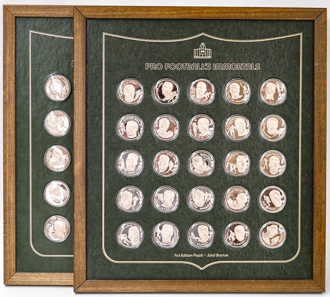 50 Pro Football Immortals Hall of Fame Bronze Med.: 50 Pro Football Immortals Hall of Fame Bronze Medal Set by Franklin Mint. Each medal is 1.5 inches in diameter. The outboxes are 16 inches by 18 inches. The absence of a condition report does not impl