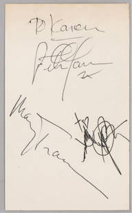 Peter, Paul and Mary SIGNED Index Card BAS LOA: Peter, Paul and Mary (folk singers) signed index card. Signatures include Peter Yarrow who has inscribed "To Karen", Paul Stookey, and Mary Travers. Beckett Authentication Services BAS LOA #AE17394. L