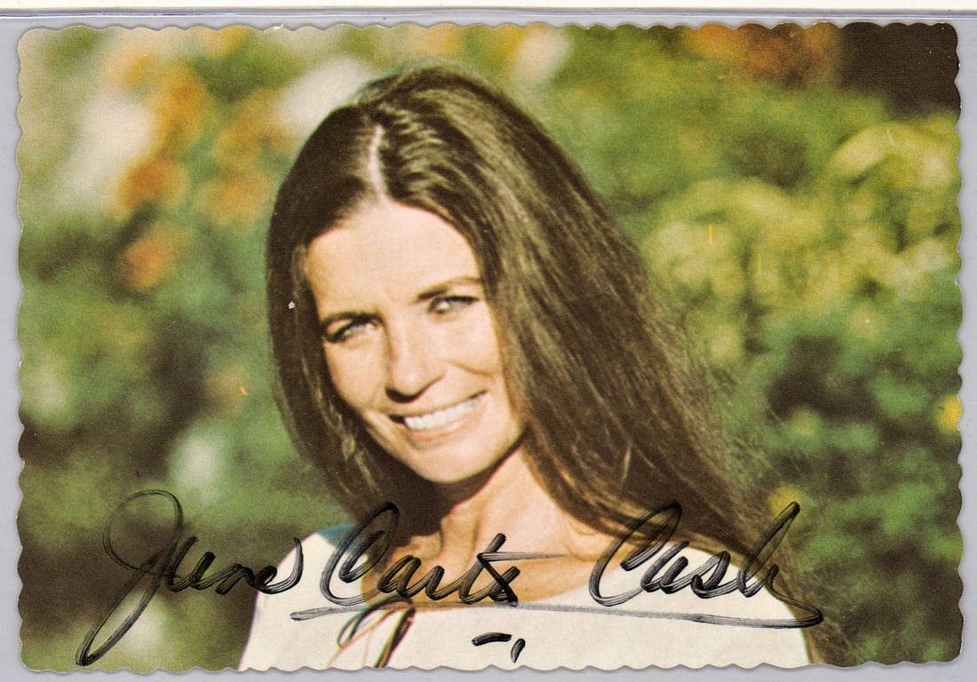 June Carter Cash Autographed Postcard BAS COA: Measures 4 x 6 inches. Authenticated by Beckett Authentication Services. The absence of a condition report does not imply that the lot is in perfect condition or completely free from wear and tear, im