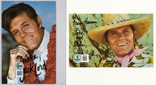 Jack Lord (2) Postcards SIGNED BAS COA