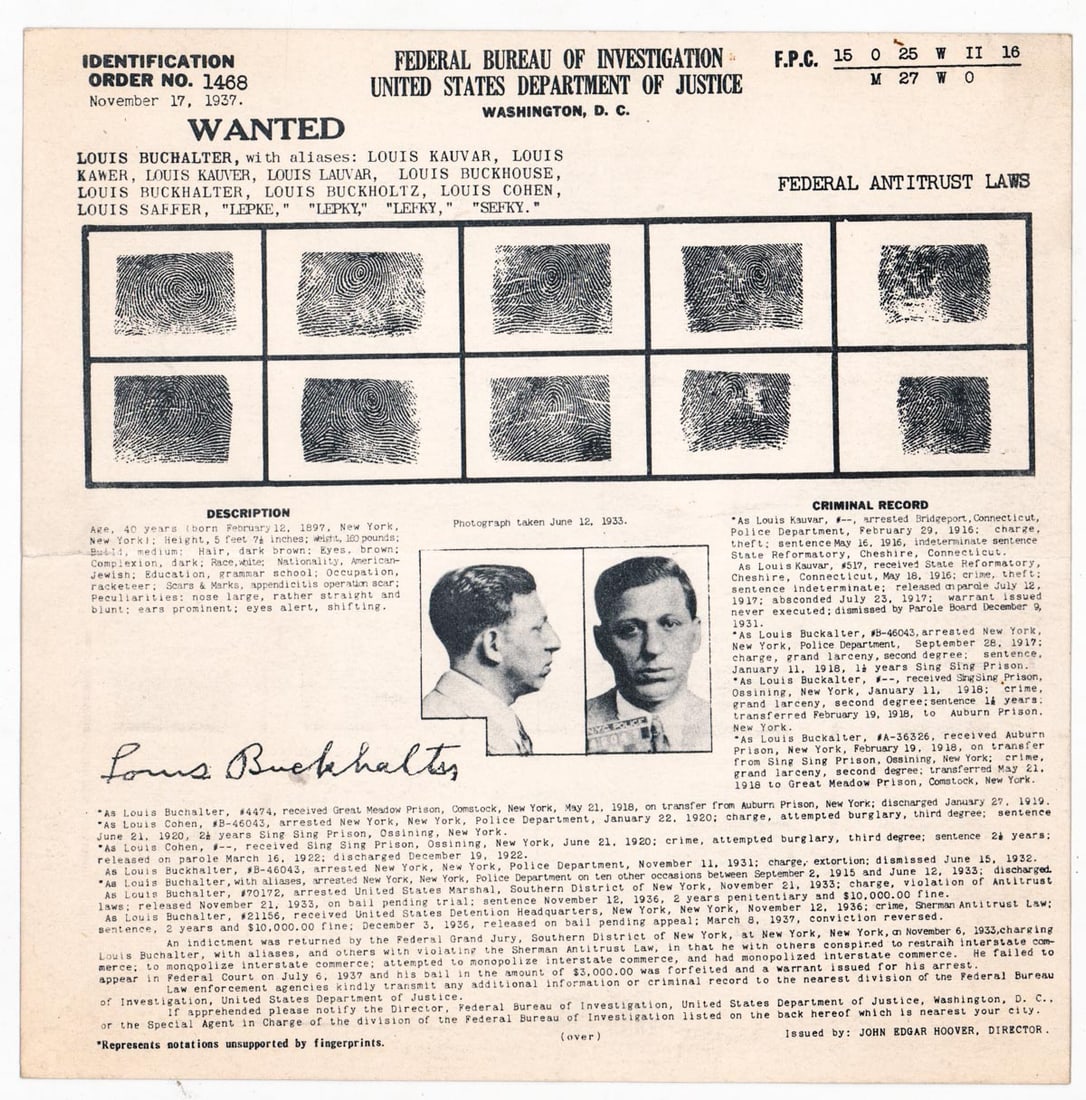 Murder Inc Founder Louis "Lepke" Buchalter Wanted (1 of 2)