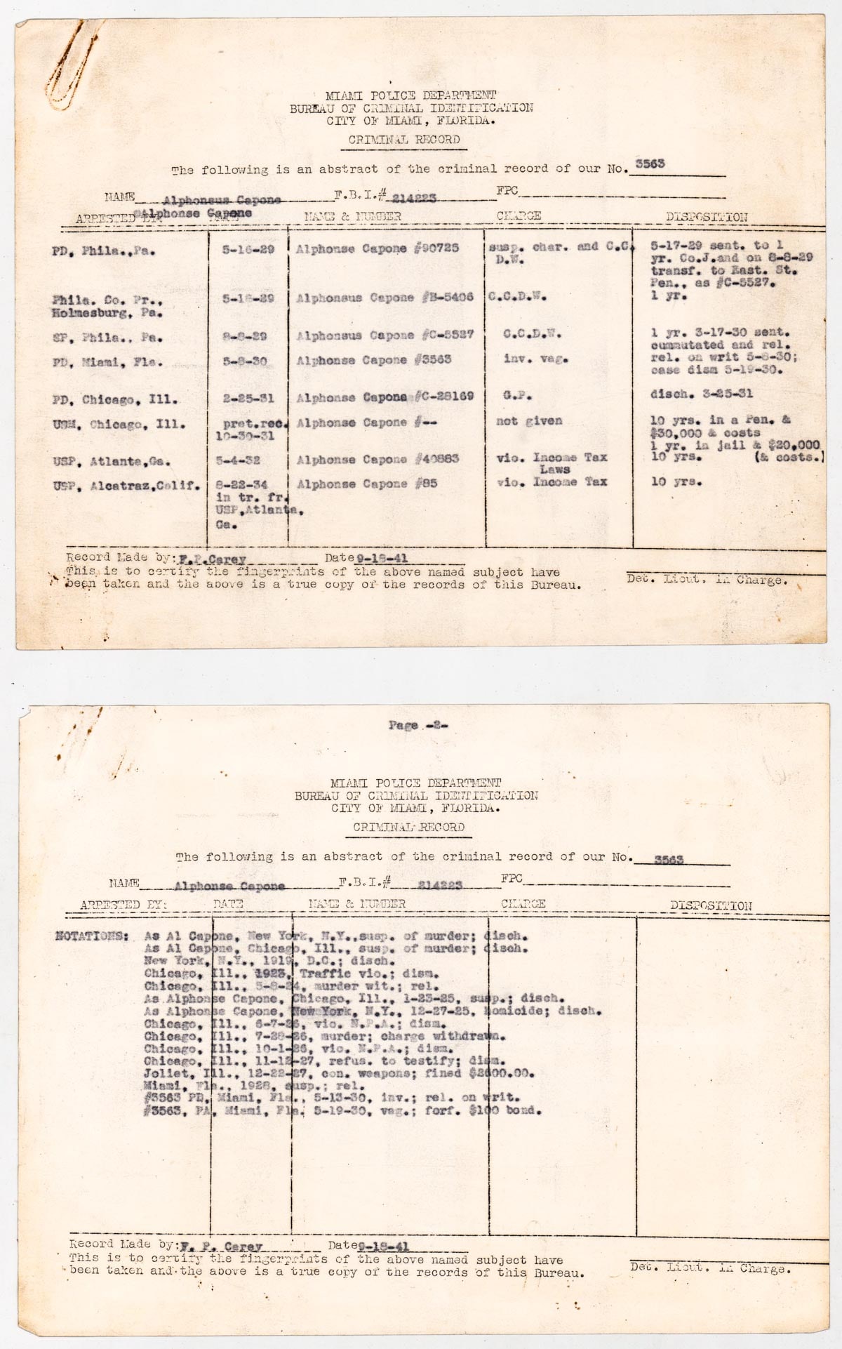 Al Capone Original 2-Page "Rap Sheet" (1941) (1 of 5)