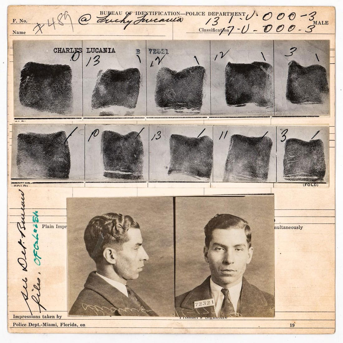 Charles "Lucky" Luciano Mug Shot/Fingerprint Card (1 of 2)