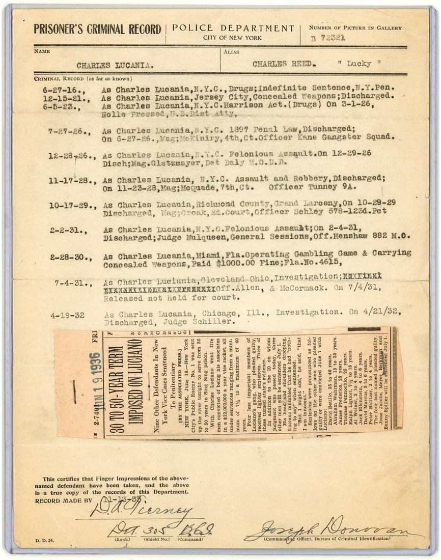 Lucky Luciano Original NYC "Rap Sheet" (1 of 2)