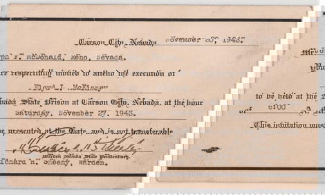 Execution Invitation. Carson City, Nevada 1943