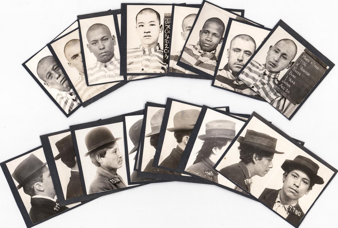 California Booking and Prison Photos: A collection of booking and prison mugshots of nine men arrested for various crimes in California in 1910-1911. In every case, the prisoners? heads were shaved, and they wore striped prisoner uniforms