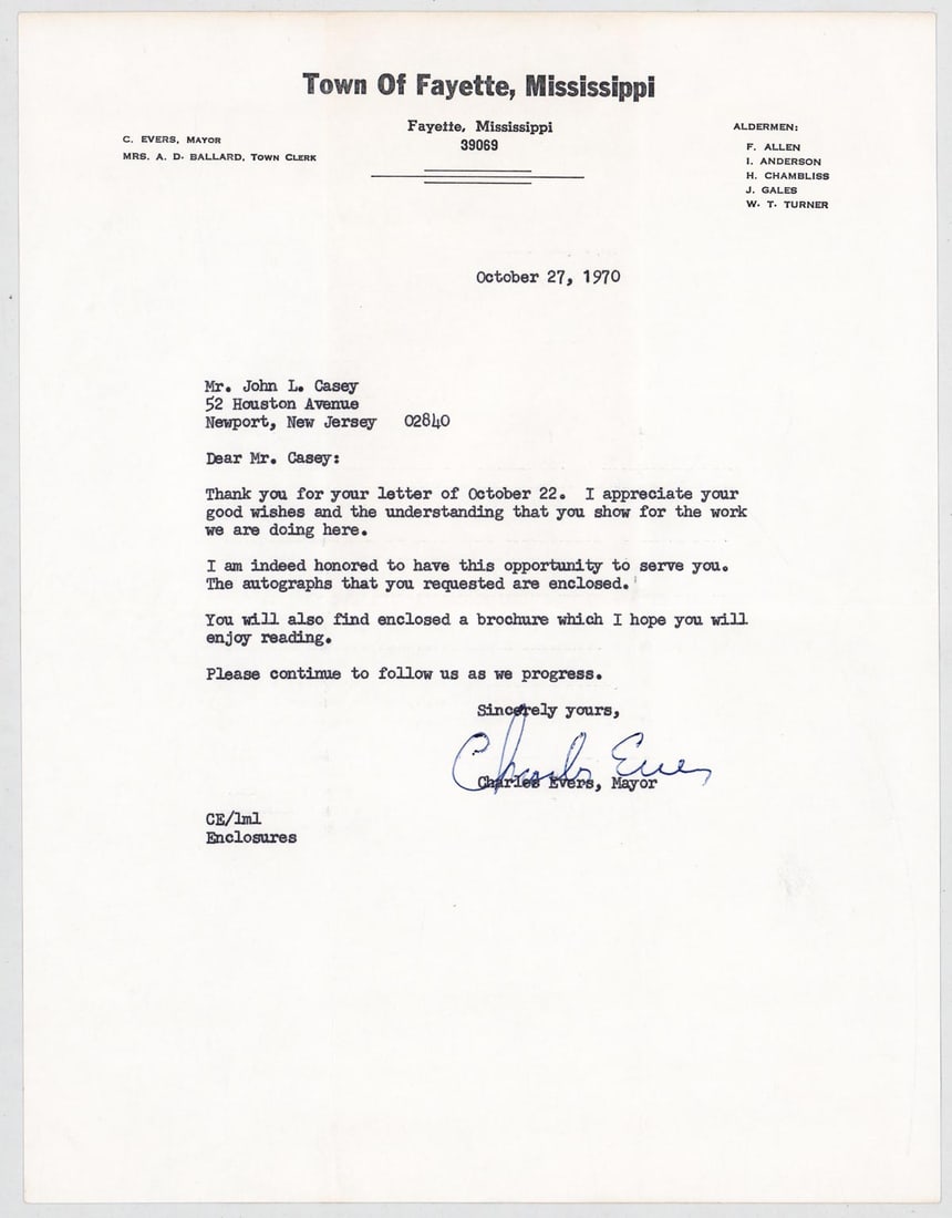 Charles Evers TLS [Mayor of Fayette] 1970: Charles Evers (September 11, 1922 – July 22, 2020) was an American civil rights activist, businessman, radio personality, and politician. Evers was known for his role in the civil rights movement al