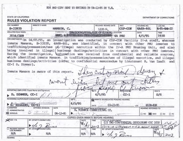 Charles Manson Rules Violation Report 1995