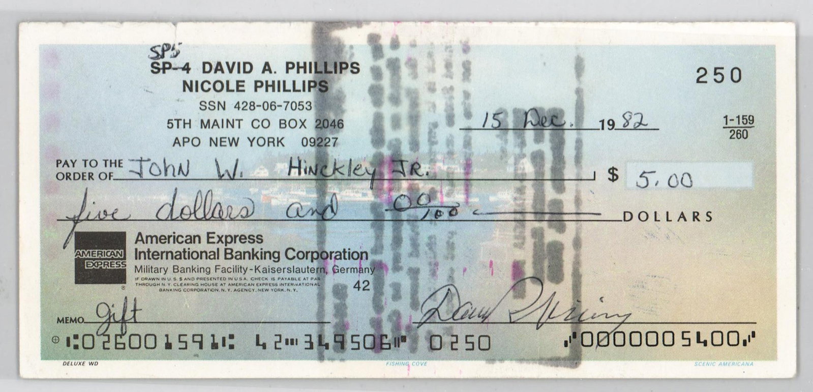 John Hinckley, Jr. SIGNED - Endorsed Check: John Hinckley, Jr. (born May 29, 1955) is an American who attempted to assassinate U.S. president Ronald Reagan as he left the Hilton Hotel in Washington, D.C., on March 30, 1981, two months after Rea