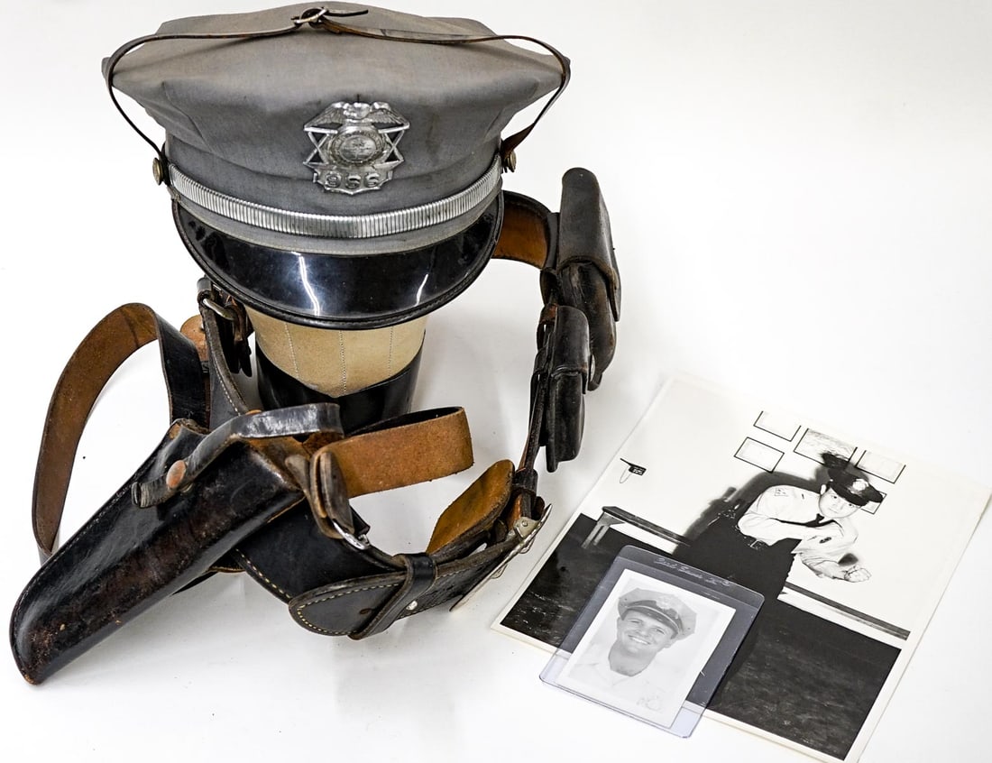 Gordon Pouliot (Boxer, Police, Motorcycle Patrol): Gordon Pouliot (Boxer, Police, Motorcycle Patrol) Miami Police Department hat with obsolete hat badge, belt, and photos. Provenance: Estate of Gordon Pouliot (1927-2004). Mr. Pouliot was a Motorcycle 
