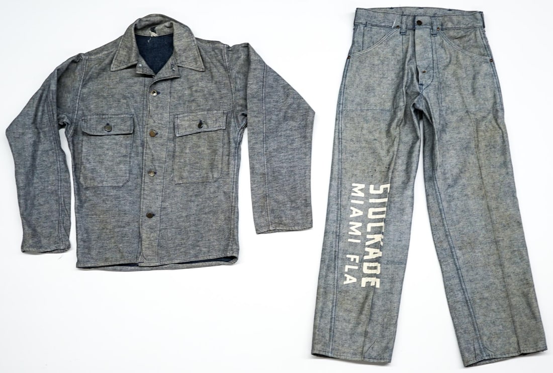 Stockade Miami Florida (2PC) Prison Denims: Vintage two (2 piece) 'Stockade Miami Florida' uniform. Shirt/Jacket is marked 'S' and measures 19.5 in. across chest measured from underarm x sleeves measure 22 in. long measured from underarm x 26 i