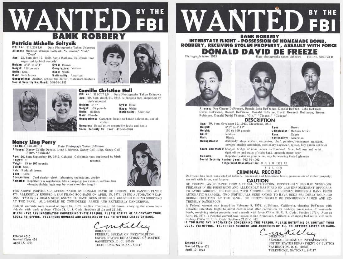 Donald David DeFreeze WANTED Posters [SLA]: Two (2) WANTED by the FBI posters include Donald David DeFreeze (November 16, 1943 ? May 17, 1974), also known as Cinque Mtume and using the nom de guerre "General Field Marshal Cinque", was an Americ