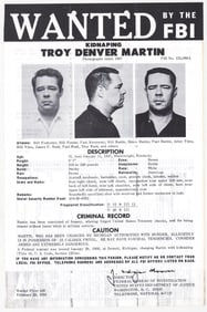 Troy Denver Martin FBI WANTED Poster 1968