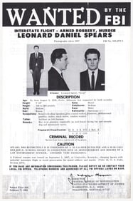 Leonard Daniel Spears FBI WANTED Poster 1968