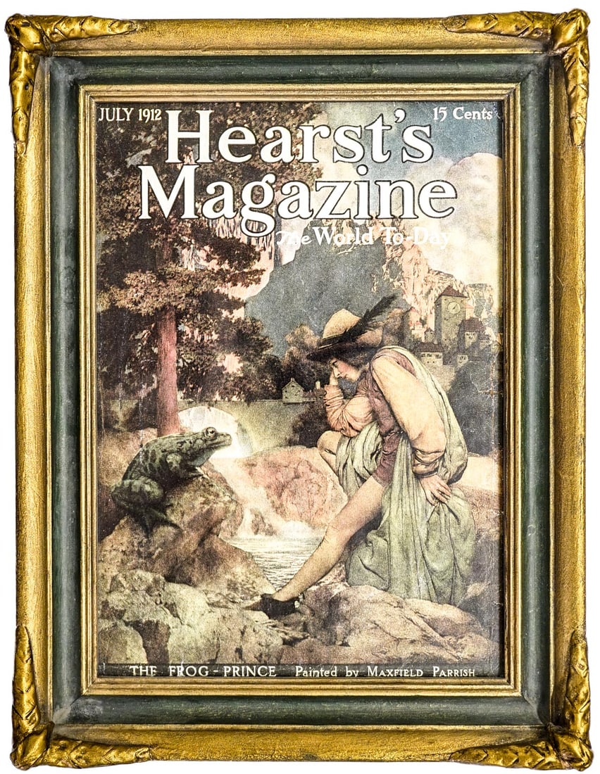 'The Frog Prince' Cover Hearst's Magazine 1912: The Frog Prince cover art by Maxfield Parrish for Hearst's Magazine July 1912. Image/sight size measures 9.75 in. x 7 in. Frame by 'The Dream Gardener' measures 12.625 in. x 9.75 in. x 2 in. Purchased