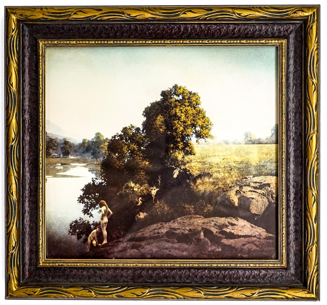 Parrish 'Evening by the River'' Print Framed: Evening by the River by Maxfield Parrish print. Image/sight size measures 9.75 in. x 10.75 in. Frame measures 13.75 in. x 14.75 in. Purchased from The Dream Gardener, Stephen Hutak, proprietor. Profes