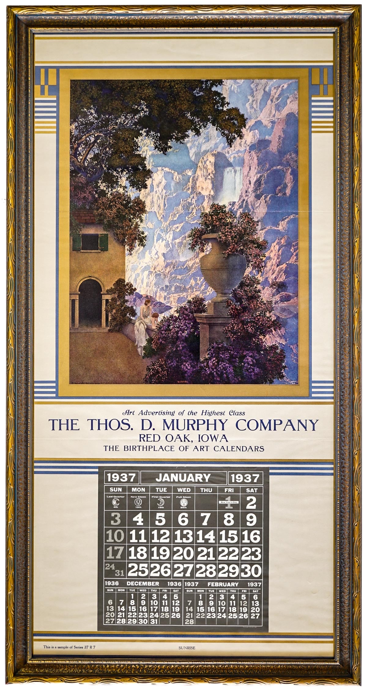 1937 Maxfield Parrish Large Calendar [Sunrise]: 1937 Maxfield Parrish Large Calendar. Full pad of calendar pages remains. Sight size measures 44.75 x 21.5 inches, framed measures 49 x 25.5 inches. Purchased from The Dream Gardener, Stephen Hutak, p