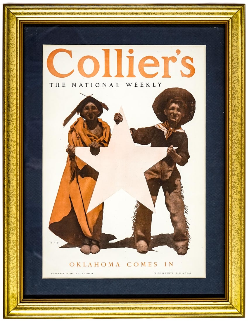 Parrish 1907 Collier's Cover Oklahoma Framed: Maxfield Parrish ' Oklahoma Comes In' cover art for the Collier's November 30, 1907 issue. Image measures 14.5 in, x 10 in., sight size measures 17 in. x 12.5 in. Frame measures 10.75 in. x 15.25 in.