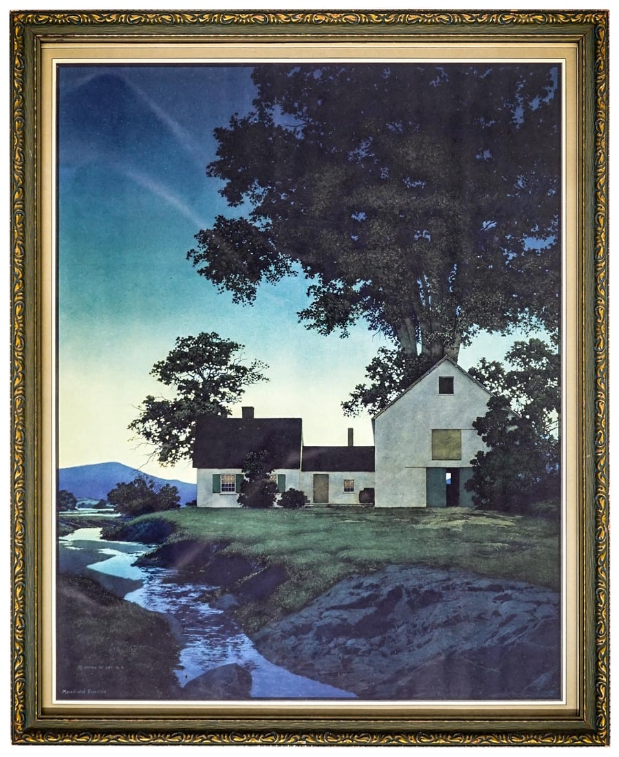 Maxfield Parrish 'Twilight' 1920's Print Framed: Twilight by Maxfield Parrish print framed. Published by House of Art. Image measures 16.5 in. x 13 in., sight size measures 17.25 in. x 13.625 in. Framed measures 19.125 in. x 15.25 in. x .75 in. Orig