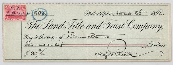Maxfield Parrish 1898 Personal Bank Check